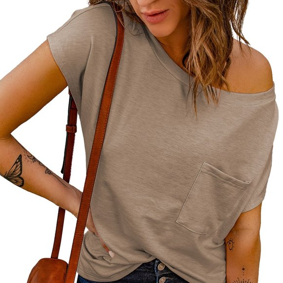 Off The Shoulder Pocket Tee Light Brown - Picture 5 of 9